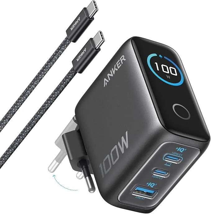 Anker Cargador USB C 100 W, Cargador de Pared GAN Compacto de 3 Puertos, Pantalla Inteligente, Control por Toque, Compatible con MacBook, iPad, Series iPhone 17/16/15