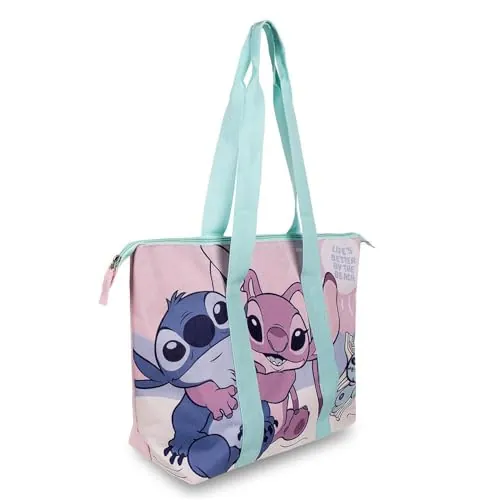 Cartelyn Bolso Stitch & Angel Niña – Bolsa Grande con Cremallera – Ligera y Espaciosa – Para Colegio, Piscina, Playa y Viajes