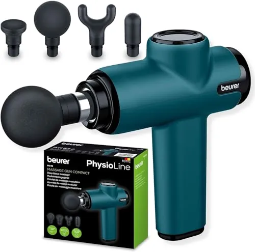 Beurer MG 99 Pistola de masaje musuclar con 4 accesorios, Massage Gun con potente masaje de puntos gatillo, afloja tensiones, masajeador compacto con 5 niveles de intensidad y batería recargable