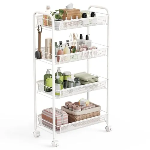 WELDUN carrito de almacenamiento de 4 niveles, rodante y móvil para dormitorio, cocina, baño y sala