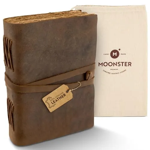 moonster® Cuaderno Cuero, 240 Páginas de Papel de Algodón sin Madera con Bordes Irregulares – Cuaderno de Notas – Diario Vintage Hecho a Mano – Diario Personal Estilo Antiguo 20x15cm