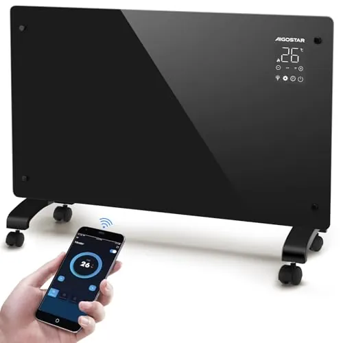 Aigostar Radiador Electrico Bajo Consumo Silencioso, Conexión Wi-Fi, 2000 W | Convector Eléctrico de Vidrio Ultra Fino, 3 Modos y ECO, Temporizador de 24 Horas, Pantalla LED Táctil, Pared o Suelo, Helen