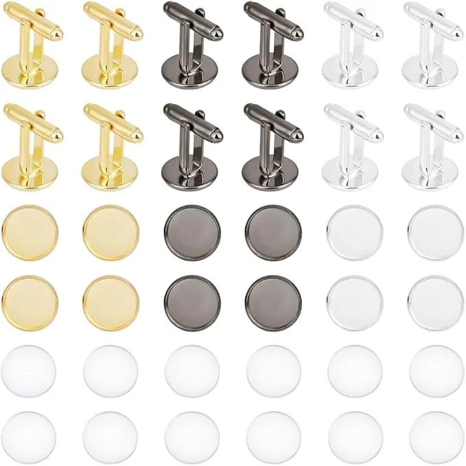 UNICRAFTALE 12 Juego de 3 Colores Botón de Gemelo de Latón Hallazgos de Gemelos de Cabujón Botón de Gemelo Redondo Plano Cabujones Bandeja Bisel Gemelos Ajuste En Blanco para Hacer Botones de Ropa