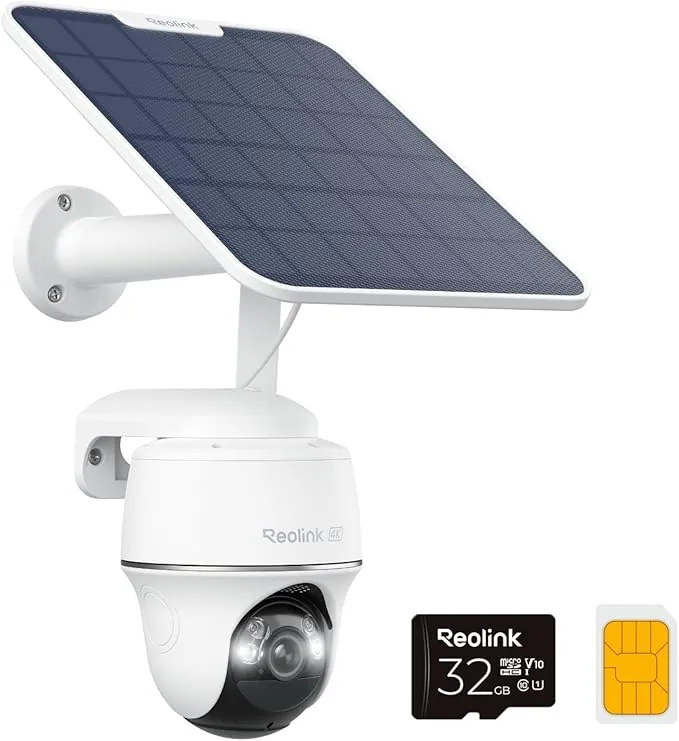 Reolink 4K 8MP Cámara Inalámbrica de Exteriores con Batería, 3G/4G LTE, 360° PTZ, Visión Nocturna en Color, Detección Smart, Audio Bidireccional, Fácil Instalación, Go PT Ultra + Panel Solar + 32GB SD