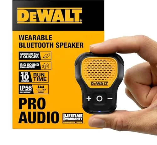 DEWALT Altavoz Bluetooth Portátil, Emparejamiento Estéreo Inalámbrico, Resistente al Agua, magnético, con Clip, micrófono Incorporado, 10 Horas Reproducción, música/Llamadas Manos Libres