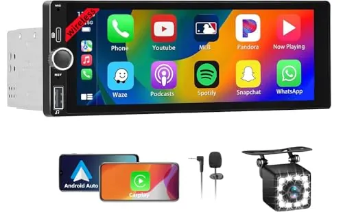 Radio Coche 1 DIN con Carplay Inalámbrico - Pantalla Táctil de 6.86 Pulgadas, Radio CarPlay 1 DIN Soporte Mirror Link para con Cámara de Respaldo, RDS FM Radio/Type-C de Recharge/Mic/SWC