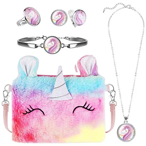 HIFOT peluche unicornio bolso bandolera niña joyas set, unicorn Collar Pulsera Pendientes Anillos Joyería regalo, Artículos de fiesta