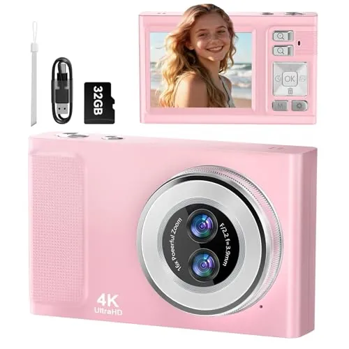4K 32GB Cámara Digital, JDZ 48MP Camara de Fotos Digital Autoenfoque con 2.8" Pantalla, 16X Zoom Digital Cámara Compacta, Cámara Digital Compacta Vlog Portátil para Principiantes/Adultos/Niños-Rosa
