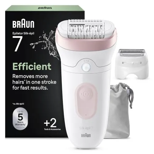 Braun Silk-épil 7, Depiladora Eléctrica Mujer Para Una Eliminación Del Vello Fácil, Depilación En Seco Y En Mojado, Con Cabezal De Rasuradora, Piel Suave Duradera, 7-030, Blanco/Flamenco