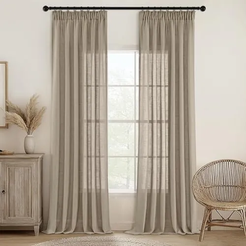 MIULEE Cortinas de Lino Translúcido 2 Piezas Marrón Claro 245x140cm (HxL)
