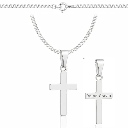 ZELYA Cadena de plata con cruz de plata de ley 925 cadena de eslabones para niñas y niños – 45-60 cm cadena de comunión con cruz, cadena infantil para comunión y bautizo, caja de regalo con grabado