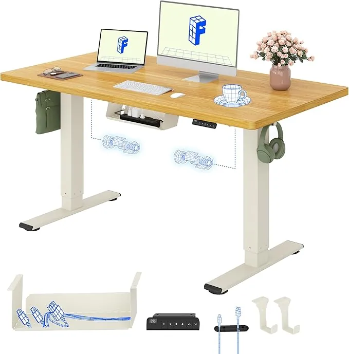 FLEXISPOT Escritorio Elevable Eléctrico con Tablero Completo y Doble Motor, 140x80 cm, Altura Regulable con Memoria, Accesorios incluidos, Sistema Anticolisión, Mousse Blanco+Arce