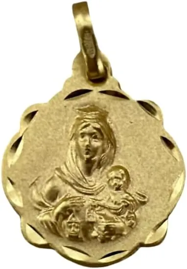 Medalla Escapulario Virgen del Carmen y Sagrado Corazón de Jesús, Plata de Ley 925 Bañada en Oro, Doble Cara con Cerco Tallado, 16x20mm