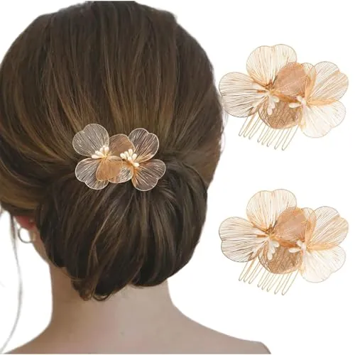 Ypkia 2 peines de flores para novia, plateados, de metal, para el pelo, dientes partidos, bodas, accesorios para el pelo para mujeres y niñas (dorado)
