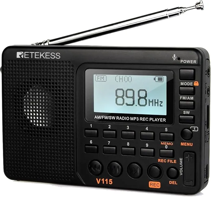 Retekess V115 Radio Portátil Pequeña,FM Am SW Radio Pequeña,Radios Pequeñas Digitales con MP3,SD/TF/USB,3 Modos de Grabación,Tiempo de Sueño,Pantalla LCD,Familia, Caminar, Emergencia, como Regalo