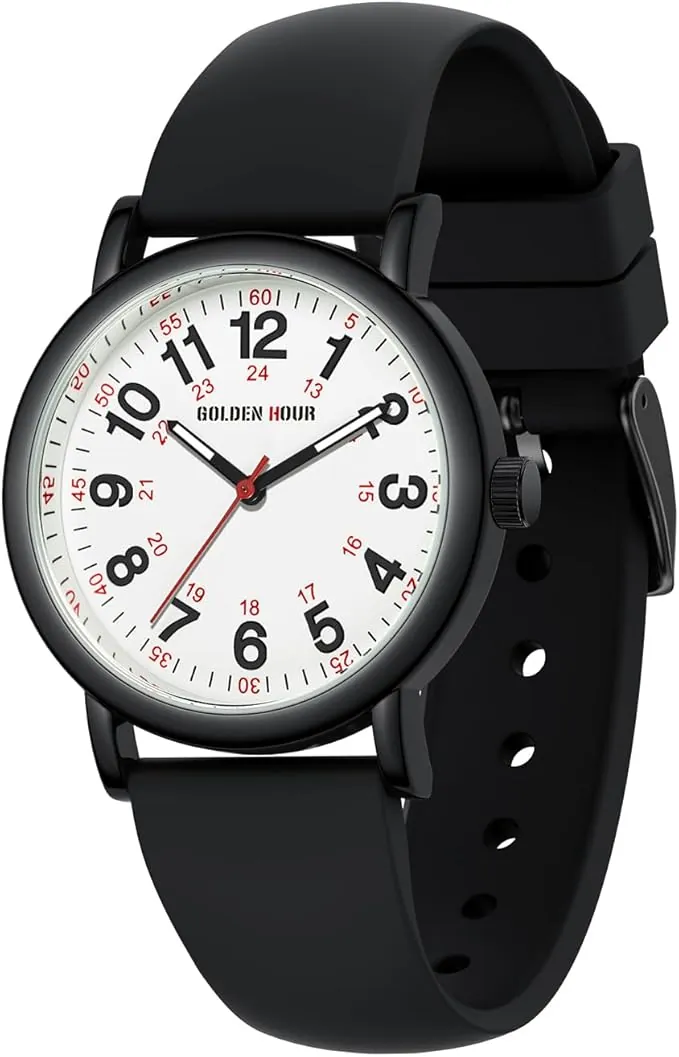 GOLDEN HOUR Reloj de Enfermera Impermeable para Profesionales Médicos, Estudiantes, Mujeres y Hombres, Esfera Luminouse Fácil de Leer, 24 Horas con Segunda Mano, Correa de Silicona