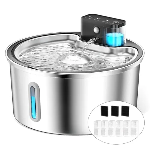 PawPoll Fuente para Gatos sin Cable 3.2L Sensor de Movimiento, 4200mAh Batería Recargable Bebedero Gatos Automatico, Ultrasilencioso, 304 Inoxidable, Contiene 6 Filtros + 3 Esponjas