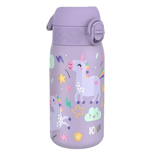 ion8 Botella Agua Inox Ligero para Niños, 400ml, Sin Aislamiento, a Prueba de Fugas, Fácil de Abrir, Cerradura Segura, Apta para Lavavajillas, Tapa Abatible, Fácil de Limpiar, Unicornios, Púrpura