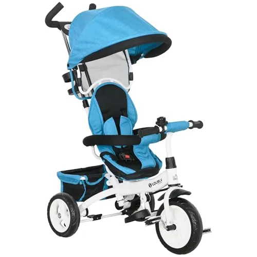 HOMCOM Triciclo Evolutivo para Bebés 6 en 1 Triciclo para Niños de 1-5 Años Bicicleta para Niños con Toldo Plegable Mango Telescópico Desmontable Cinturón de Seguridad y Cesto 95x50x106 cm Azul