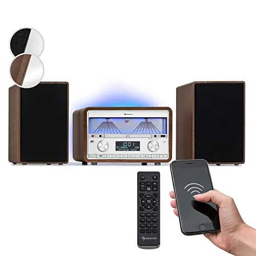 Auna Dab Radio CD para Casa, FM/Dab/Dab + Radio con Bluetooth + AUX, 25W Desmontable Micro Altavoces, Pantalla LCD, Mando a Distancia, MP3, USB y Streaming, Dab Radio con Cable