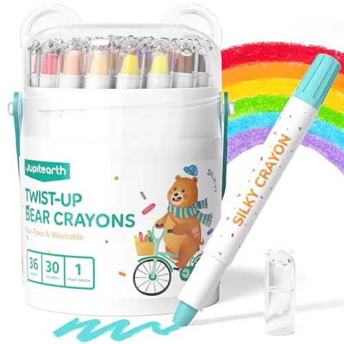 JUPITEARTH 36 crayones de colores para niños pequeños de 1 a 3 años y niños de 4 a 8 años, crayones lavables no tóxicos de 2 a 4, suministros de arte ultra sedosos de fácil agarre, regalo ideal para