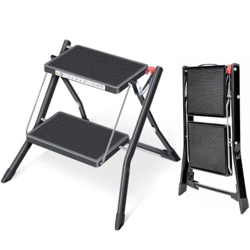 KINGRACK - Taburete Plegable con Alfombrilla de Goma Antideslizante y Taburete de Cocina de Acero Ligero, soporta hasta 150 kg (2 Pasos-Negro)