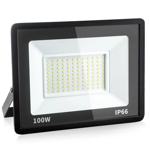 Fynokst 100W Focos LED Exterior Interior, 10800LM Súper Brillante Foco LED Exterior Interior, 6000K Luz Fría, IP66 Impermeable Luz Exterior para Jardín, Garaje, Campo de Deportes, 1 Piezas