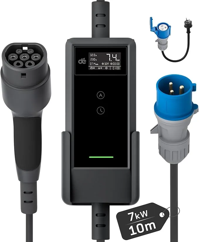 dé Cargador Coche Electrico 7,4kW [10m, 6A-32A, Monofásico] Wallbox EV Tipo 2 de 7kW 32A, Vehiculo Electrico 32a para Model Y/3, GLC, Q3, Kuga, iX1, EX30, Niro, Ioniq 5, EQA y Otros BEV/PHEV