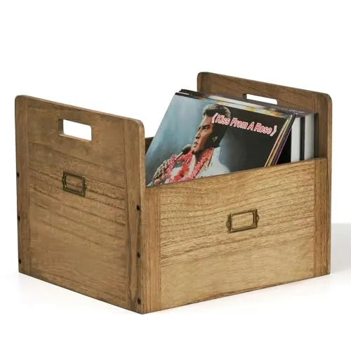 KIRIGEN Caja para Vinilos, Caja de Madera para Discos LP, Marrón oscuro