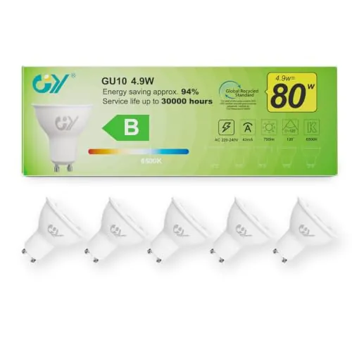 GY 4.9W Bombilla GU10 LED 6500K Blanco Frío 790LM (Equivalente a 80W), No Regulable, 110 Grados Ángulo de haz - Bombilla Bajo Consumo Clase B, No Parpadean Bombillas LED GU10 Pack de 5