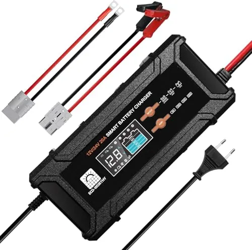 ECO-WORTHY 12V/24V 20A Cargador de batería LiFePO4 con Detección Automática | Multi-corriente 5A-20A, detección automática de voltaje, compatible con baterías de plomo-ácido y LiFePO4.