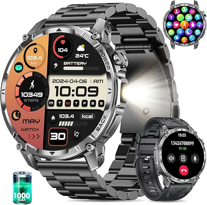 Reloj Inteligente Hombre 1,7'' pantalla táctil Smartwatch Hombre Linterna 100 Días de Batería Llamadas Bluetooth 120+ Modos Deportivos Pulsómetro Monitor de Sueño IP68 iOS Android (Acero Negro)