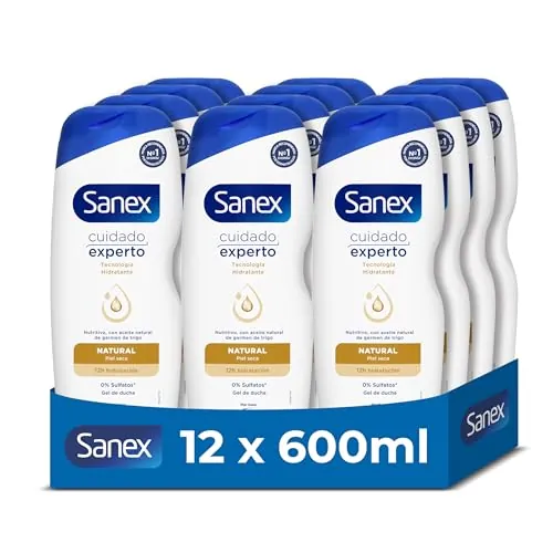 Sanex Cuidado Experto Natural Gel de Ducha, Pack 12 Uds x 600ml, Gel de Baño para Piel Seca, Limpia Suavemente, Hidrata la Piel, con Aceite de Germen de Trigo, Complejo Prebiótico y Postbiótico