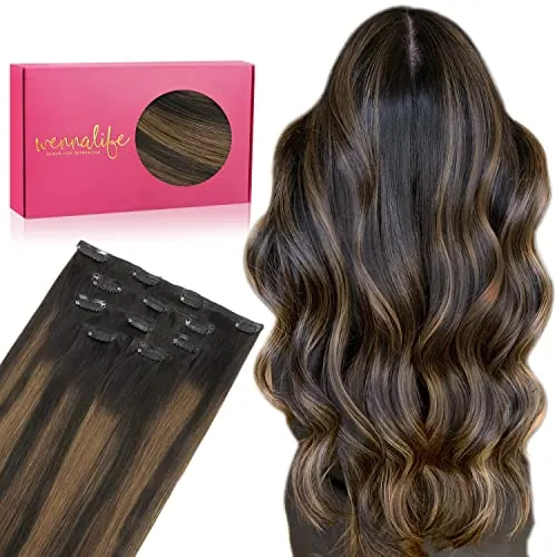 WENNALIFE Extensiones de Clip de Pelo Natural, 35cm 75g 5 Piezas Balayage Marrón Oscuro Mezcla de Castaño Extensiones de Clip Natural Remy Cabello Humano Extensiones