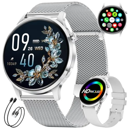 LIGE Reloj Inteligente Mujer 1.32" AMOLED Ultrafino, Llamadas Bluetooth, 116 Modos Deportivos, Monitor de Salud Femenina/Frecuencia Cardíaca y Sueño con Android e iOS, 2 Correas y 2 Cables, FV23-E