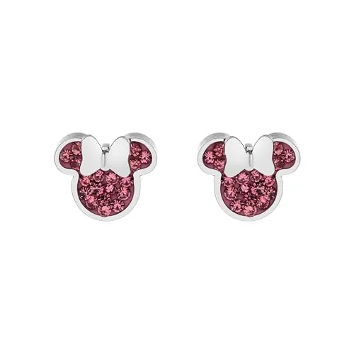 Disney Minnie Pendientes para niña de acero inoxidable con circonitas, talla única, Joyas Disney