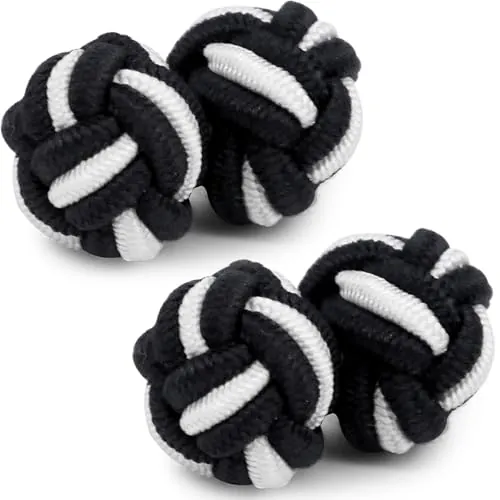 HONEY BEAR Gemelos de seda del nudo de la tela para hombre/mujer, redondos para el regalo de boda del negocio (Negro Blanco)