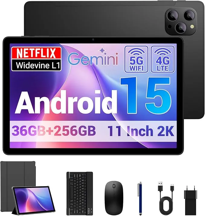 Tablet 11 Pulgadas Android 15 Tableta Gaming Octa-Core T615,4G LTE y 5G WiFi,36GB RAM+ 256GB ROM,Widevine L1,8000 mAh,Cámara 16MP+8MP, GPS,Tablet con Teclado,Nero