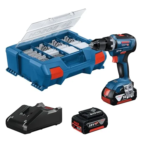 Bosch Professional 18V System atornillador a batería GSR 18V-55 (par máximo 55 Nm, 1800 rpm, incl. 2 baterías 4.0Ah, cargador GAL 18V-20, set con 82 accesorios, L-Case Pick & Click)