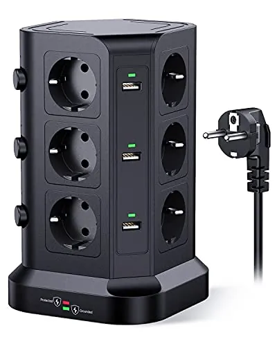 KOOSLA Regleta Vertical, 12 Enchufes, 6 USB, 2M, Negro | 12 Enchufes, 6 USB, 4000W/16A, 3 Interruptores, Protección contra Sobretensión, Cable 2M