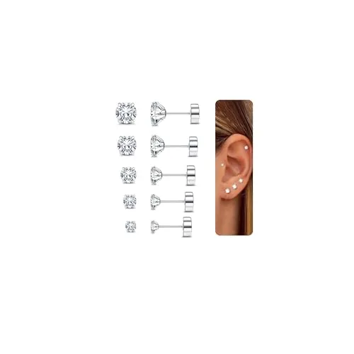 CASSIECA 5 Pares Pendientes Acero Inoxidable para Mujeres Hombres Conjunto de Pendientes de Hélice Cartílago Pendientes Redondos Circonita Cúbica con Rosca Trasera Plana
