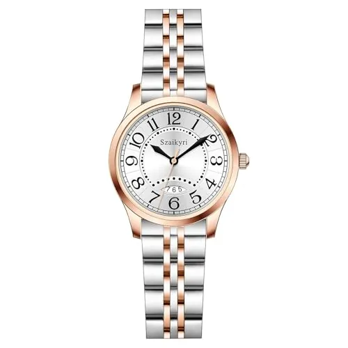 Szaikyri Clasica Reloj Mujer con Numerales Árabes de Tiempo Fácil de Leer Mujer Reloj con Calendario Resistente al Agua (Silver-Rosegold Black)