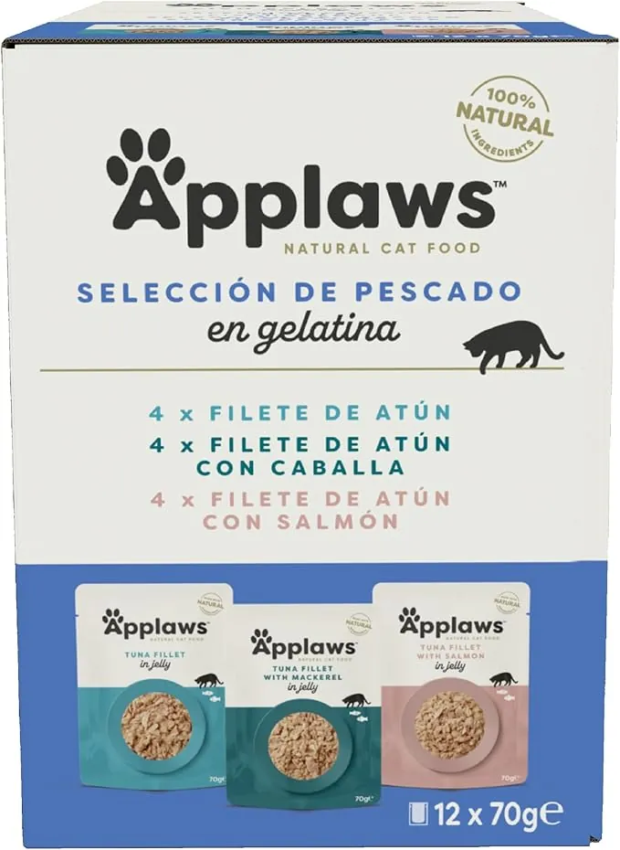 Applaws Natural Comida Húmeda para Gatos, Selección de Pescado en Jalea 70 g (12 x 70 g Bolsitas)