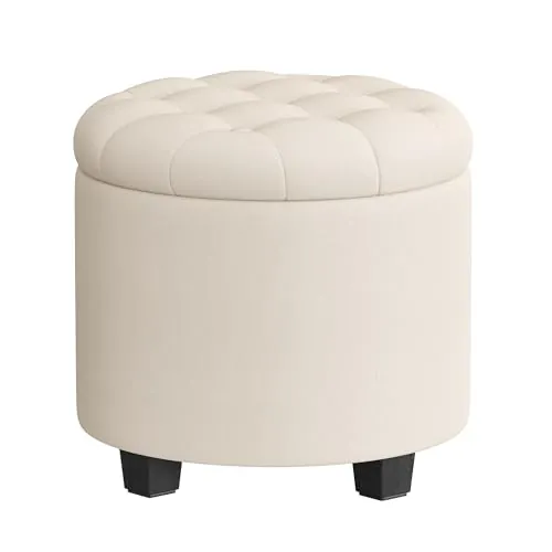 SONGMICS Puff Almacenahe, Banco de Almacenamiento, 45 x 45 x 44,5 cm, Reposapiés con Patas, Tejido con Aspecto de Lino, Carga hasta 150 kg, para Salón, Dormitorio, Beige Claro LOM011W01