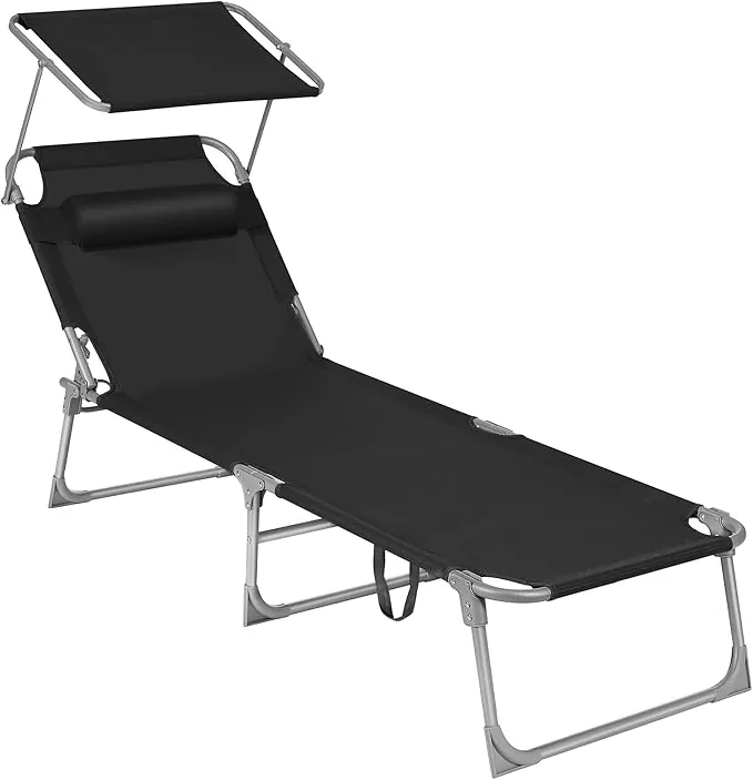 SONGMICS - Tumbona Plegable, Tumbona, 193 x 53 x 29 cm, Capacidad 150 kg, Parasol, Respaldo reclinable, jardín, Piscina, terraza, Negro GCB192B01