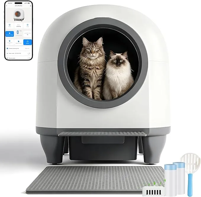 Arenero Gatos Autolimpiable con App, Caixa de Areia para Gatos Automatico de 90 L con cajón de heces de 8,5 L para más de una Semana, Sistema aromático y sensores Radar, Ideal para Varios Gatos.