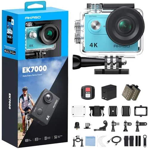 AKASO Action CAM EK7000 4K30FPS - Cámara de acción (Gran Angular de 170°, HD, 20 MP, WiFi, Impermeable, Pantalla LCD de 2 Pulgadas, con 2 baterías), Color Plateado