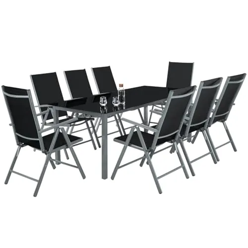 tectake® Conjunto Muebles Jardín Exterior 9 Piezas, Estructura de Aluminio, Mesa y Sillas Terraza Impermeables, Resistentes a Intemperie, Sillas Plegables y Reclinables, Tela Transpirable - Antracita