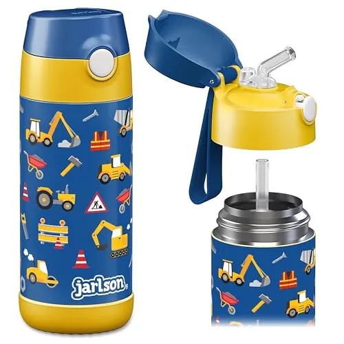Jarlson® Botella Agua Niños & Niñas CHARLI [ACERO INOXIDABLE] - Garrafa Térmica Infantil Sin BPA - Water Bottle con Pajita - Botellas Inox a Prueba de Fugas (Obra en construcción, 350 ml)