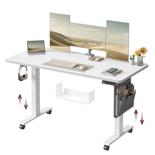 VASAGLE Escritorio Ajustable en Altura, 140 x 60 cm | Puertos USB y Bolsillo, para Oficina, Blanco Mate y Blanco, Colección BALOK LSD174W01